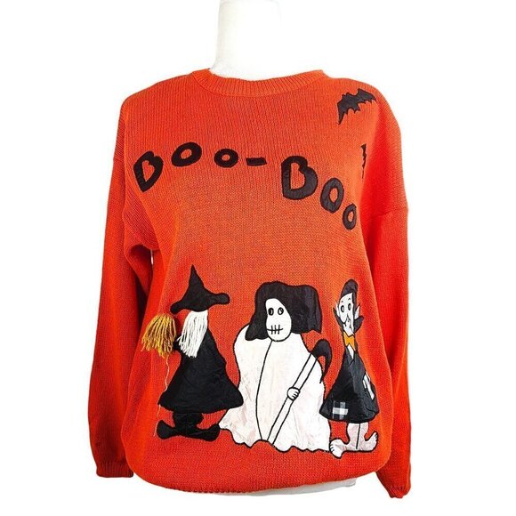 Vintage Colleen's Collectibles Orange Halloween Witch Patch Fringe Sweater - Picture 1 of 8
